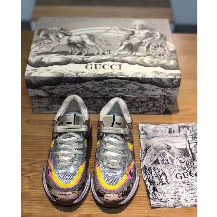 Gucci Unisex Ultrapace Sneaker with Embroidered Gucci and Interlocking G in Metallic Leather-Pink