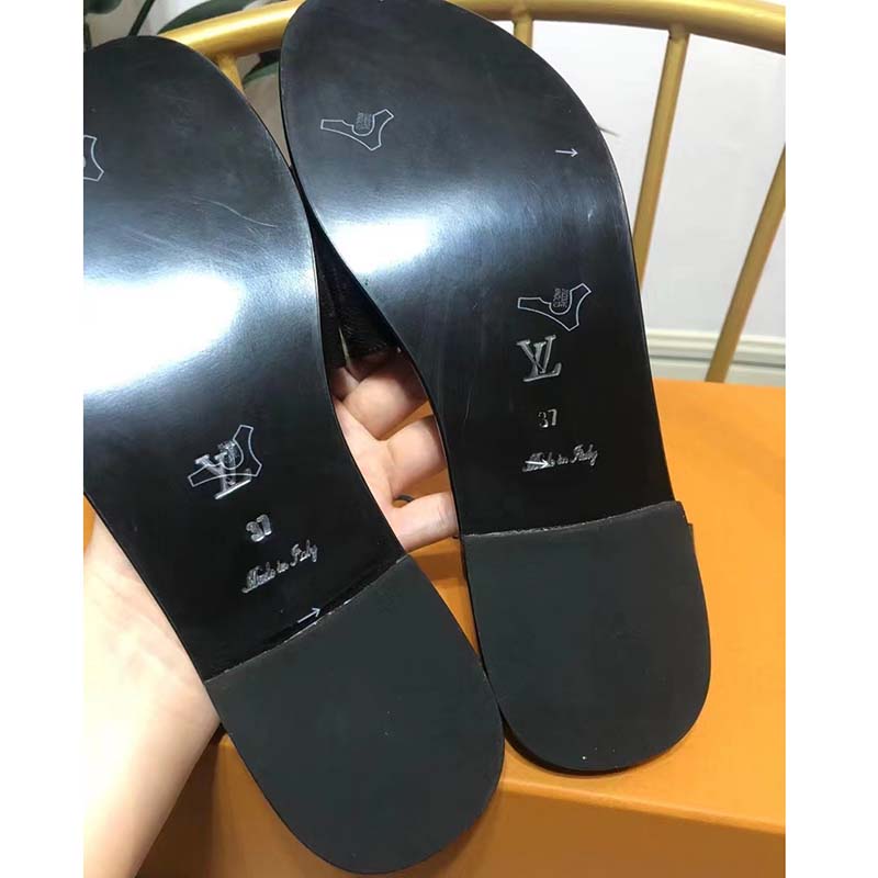 Louis Vuitton Unisex Lock It Flat Mule Brown Patent Monogram Canvas Leather Outsole