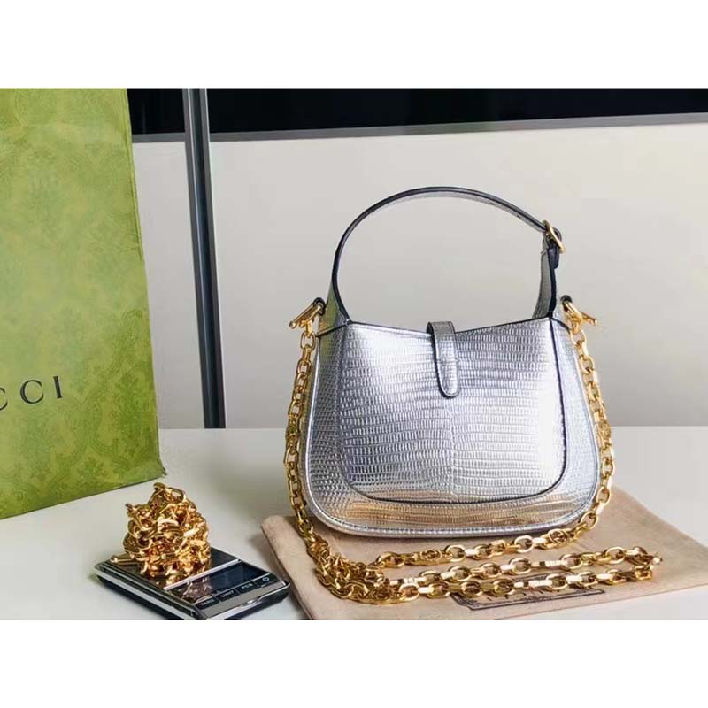 Gucci Women Jackie 1961 Lizard Mini Bag Silver Lamé Lizard