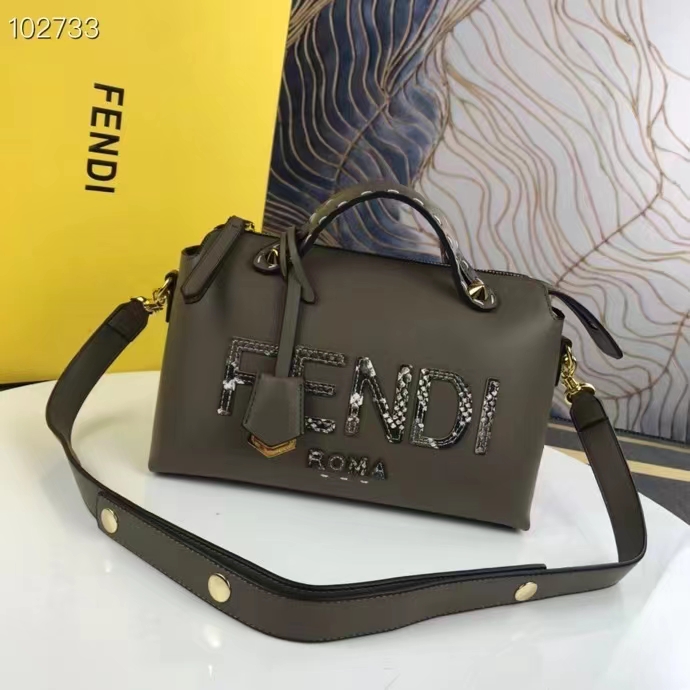 Fendi FF Women By The Way Medium Gray Leather Elaphe Boston Bag