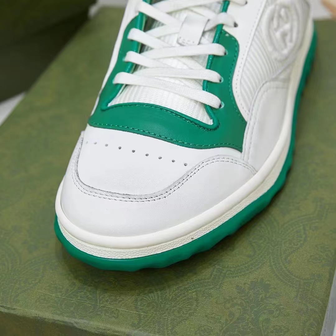 Gucci Unisex GG MAC80 Sneaker Off White Green Leather Round Toe Rubber Flat
