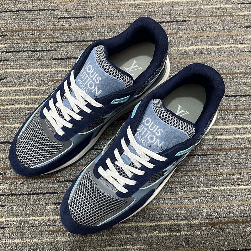 Louis Vuitton Unisex Run Away Sneaker Blue Mesh Suede Calf Leather Monogram Flowers