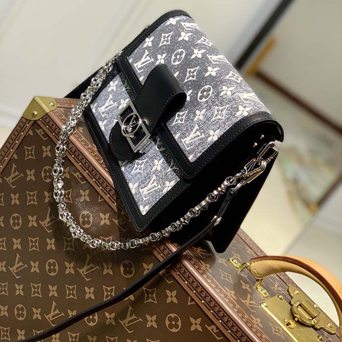 Louis Vuitton LV Women Dauphine MM Handbag Gray Denim Textile Jacquard