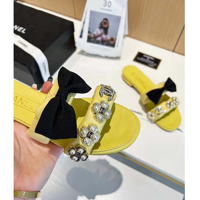 Chanel Women Mules Lambskin Yellow Black 1.5 Cm Heel