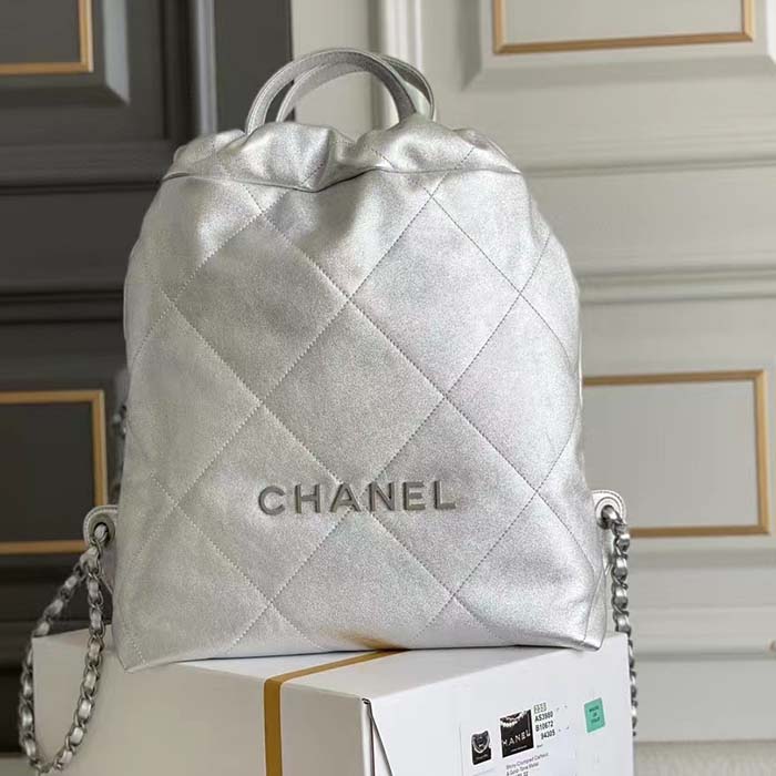 Chanel Women CC Large Back Pack Chanel 22 Handbag Metallic Calfskin Silver-Tone Metal