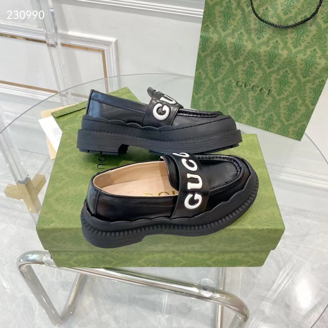 Gucci GG Women Gucci Loafer Black White Leather Scalloped Script Rubber Sole Mid-Heel