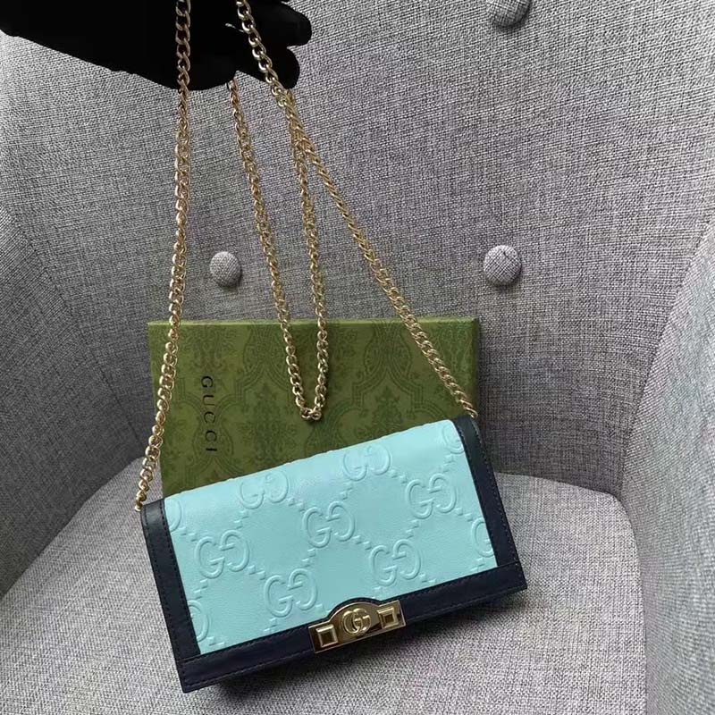 Gucci Women GG Wallet Chain Light Blue GG Leather Dark Blue Double G