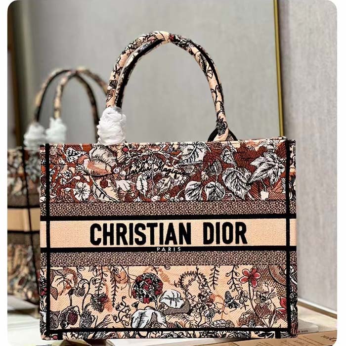Dior Women CD Medium Book Tote Powder Pink Jardin Magique Embroidery