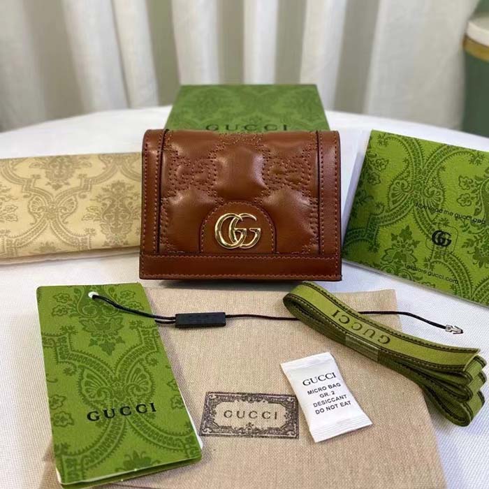 Gucci Unisex GG Marmont Card Case Wallet Light Brown GG Matelassé Leather Double G