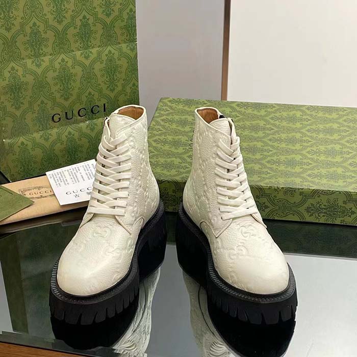 Gucci Unisex GG Leather Boots White Rubber Lug Sole Lace-Up Interlocking G Flats