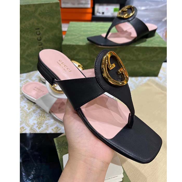Gucci Women GG Blondie Thong Sandal Black Leather Round Interlocking G 1.5 CM Heel