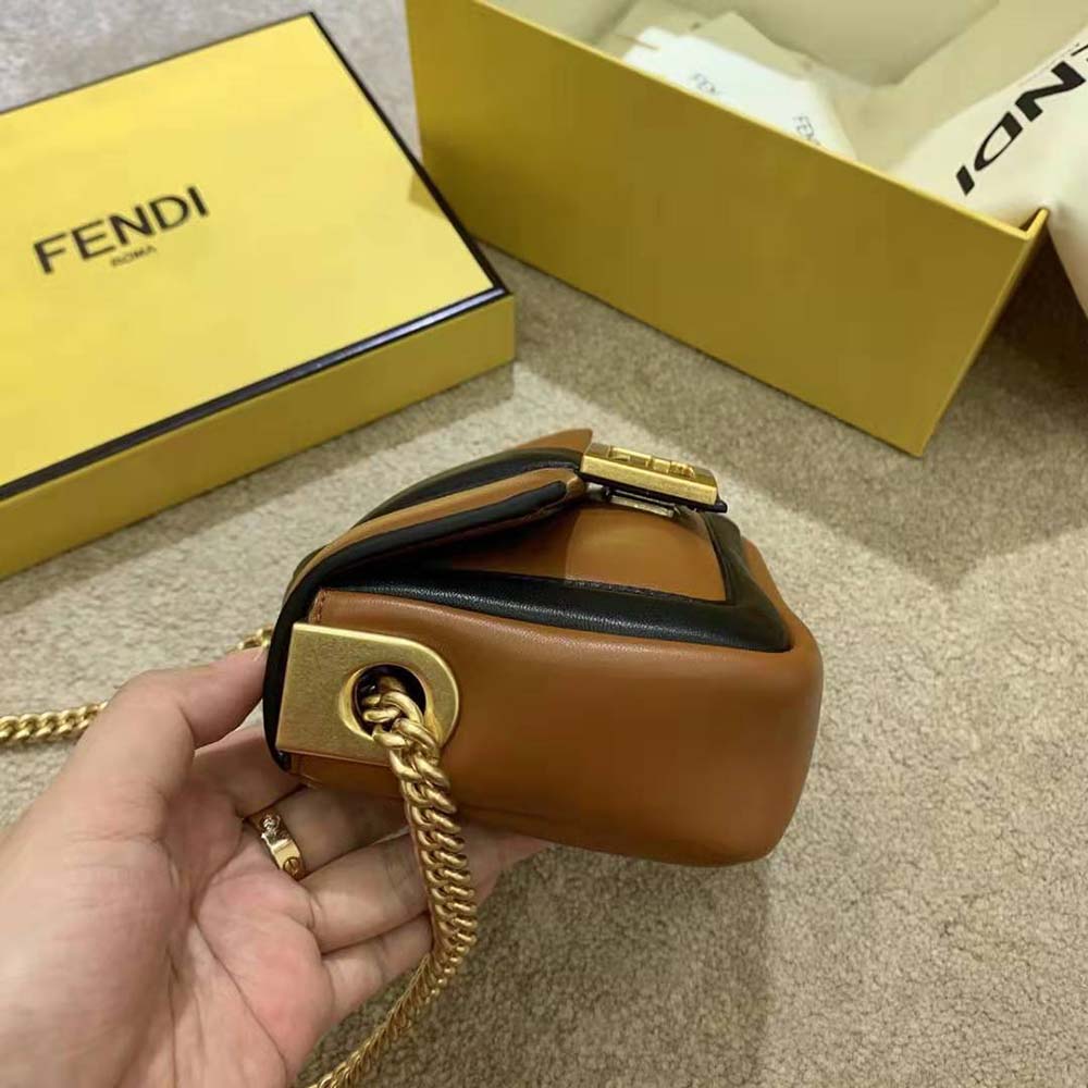 Fendi Women Mini Baguette Chain Brown and Black Nappa Leather Bag