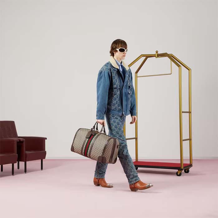 Gucci Unisex Savoy Large Duffle Bag Beige Ebony GG Supreme Canvas Double G