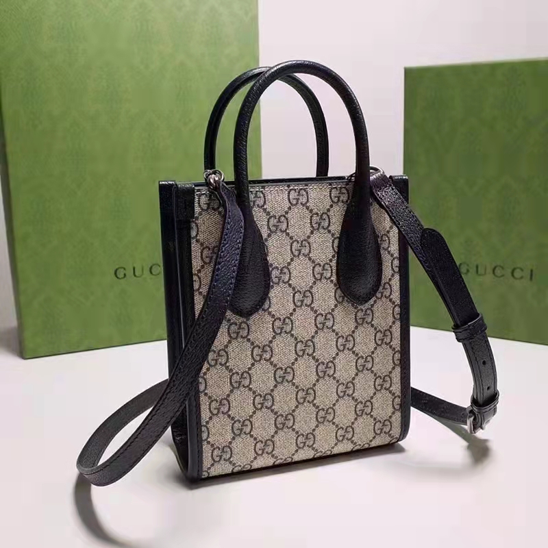 Gucci Unisex Mini Tote Bag Interlocking G Beige Blue GG Supreme Canvas