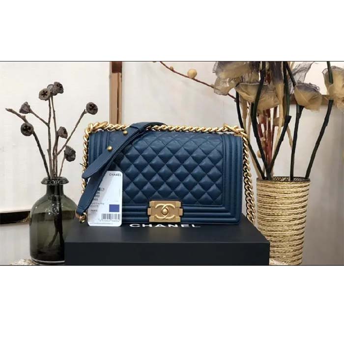 Chanel Women CC Boy Flap Handbag Chevron Quilted Calfskin Leather Navy Blue