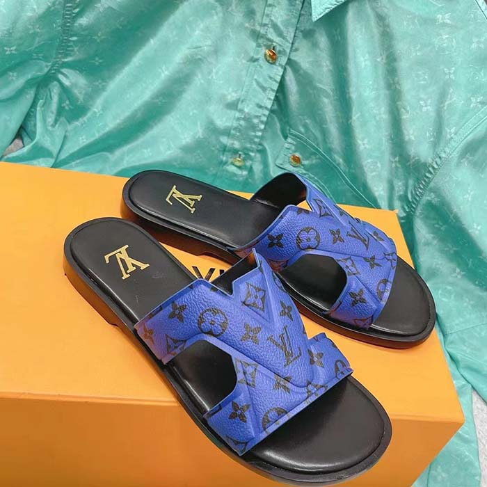 Louis Vuitton LV Unisex Oasis Mule Blue Monogram Grained Calf Leather Rubber