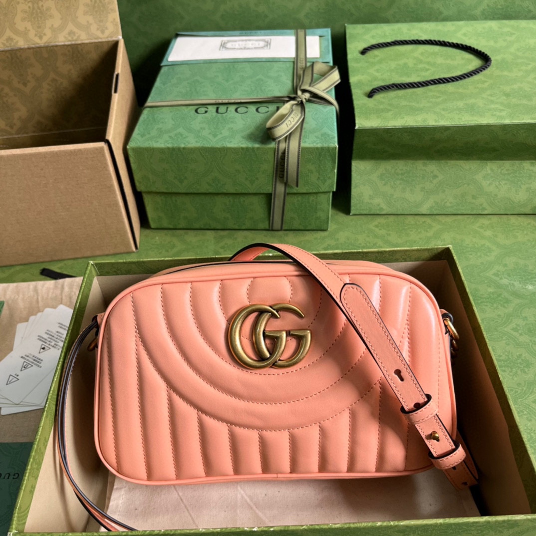 Gucci Women GG Marmont Shoulder Bag Peach Matelassé Round Vertical Matelassé Leather