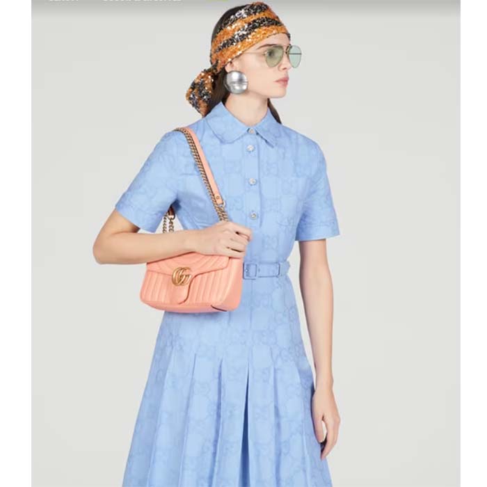 Gucci Women GG Marmont Small Shoulder Bag Peach Matelassé Round Vertical Matelassé Leather