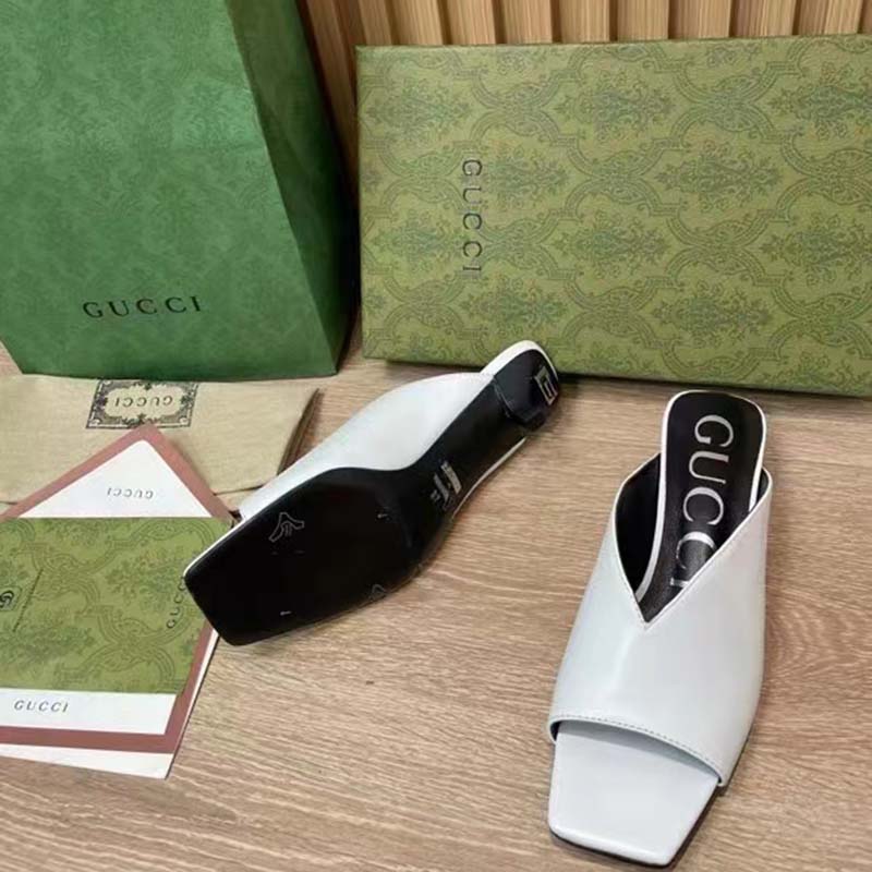 Gucci Women GG Low Heel Sandal White Leather Square Toe