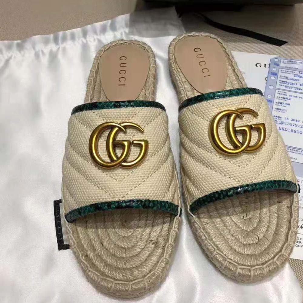 Gucci Women Online Exclusive Chevron Raffia Espadrille Slide with Double G-Sandy