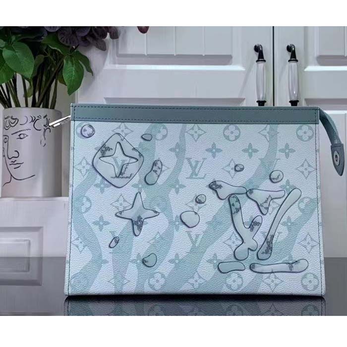 Louis Vuitton LV Unisex Pochette Voyage MM Bag Crystal Blue Monogram Aquagarden Coated Canvas