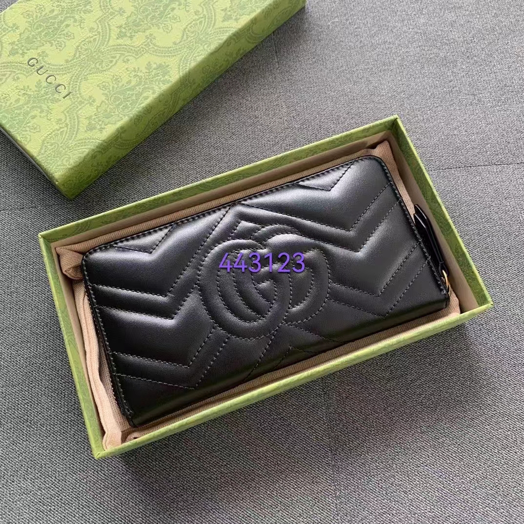 Gucci Unisex GG Marmont Zip Around Wallet Black Matelassé Chevron Leather Double G