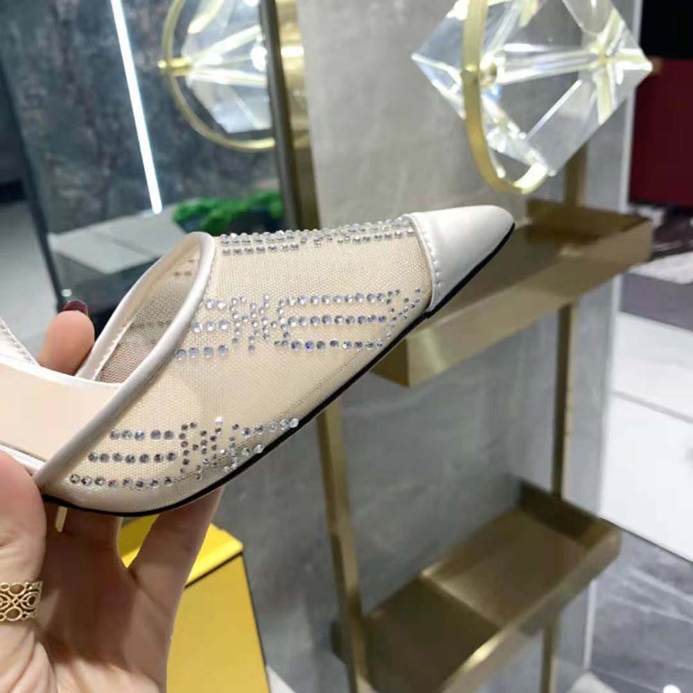 Fendi Women Colibri Pink Mesh High-Heeled Slingbacks with Rhinestone Embroidery