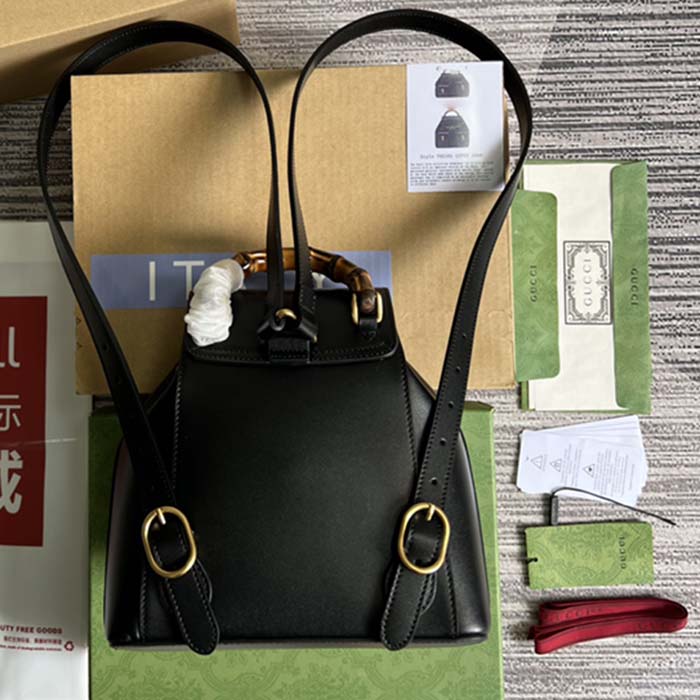 Gucci Unisex GG Bamboo Small Backpack Black Leather Bamboo Handle