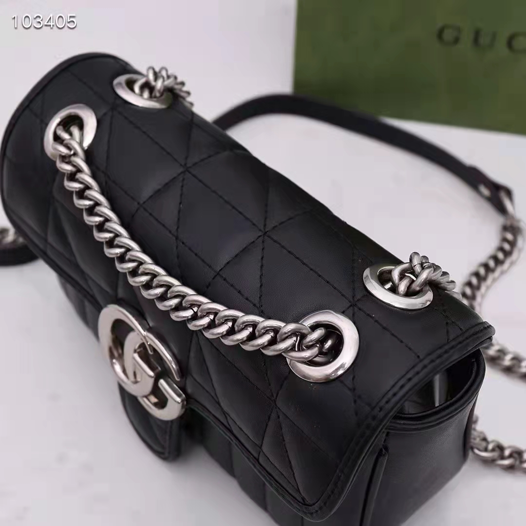 Gucci Women GG Marmont Mini Shoulder Bag Black Double G Matelassé Leather