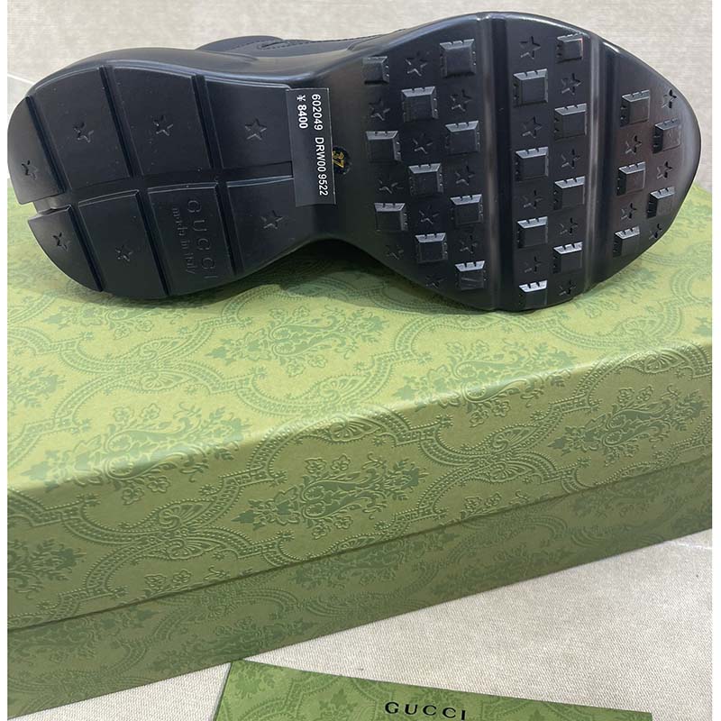 Gucci Unisex GG Rhyton Sneaker Black Leather Rubber Sole Low Heel