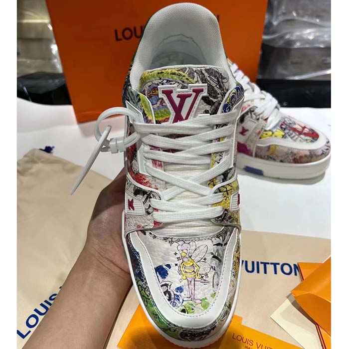 Louis Vuitton Unisex LV Trainer Sneaker White Printed Canvas Rubber Outsole Monogram Flowers
