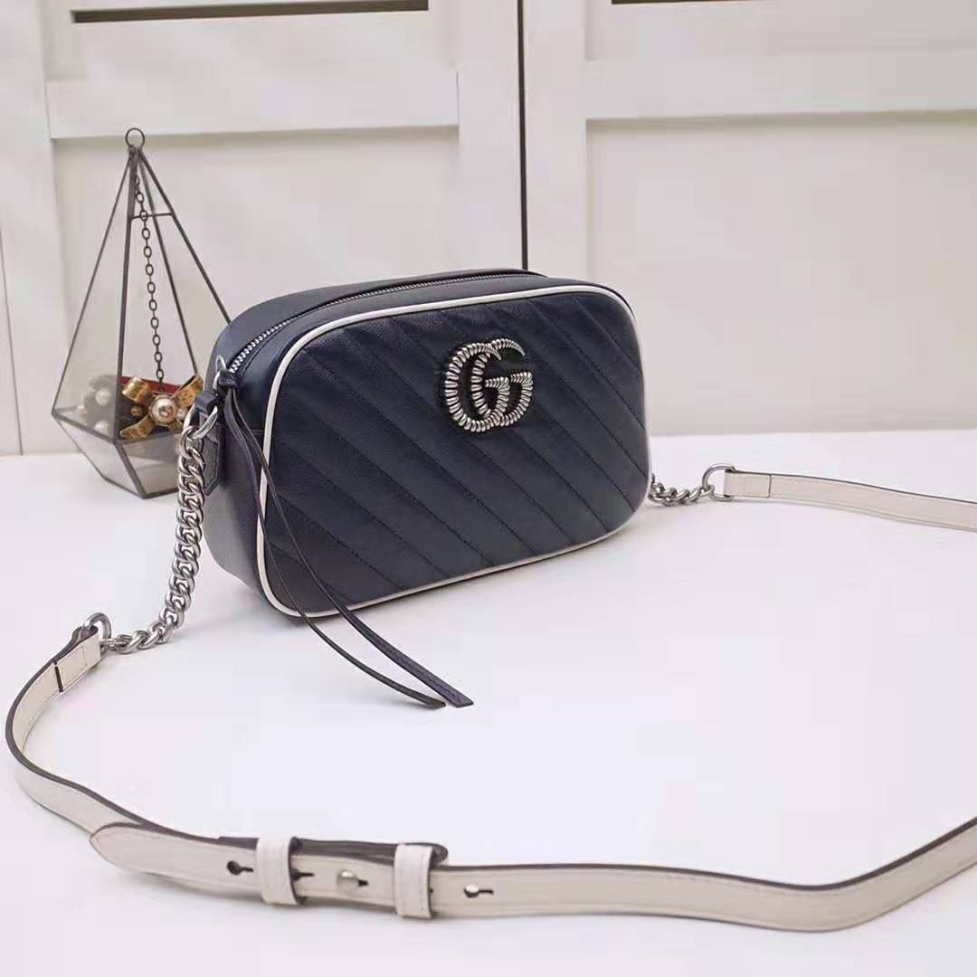 Gucci GG Women GG Marmont Matelassé Shoulder Bag in Blue Diagonal Matelassé Leather