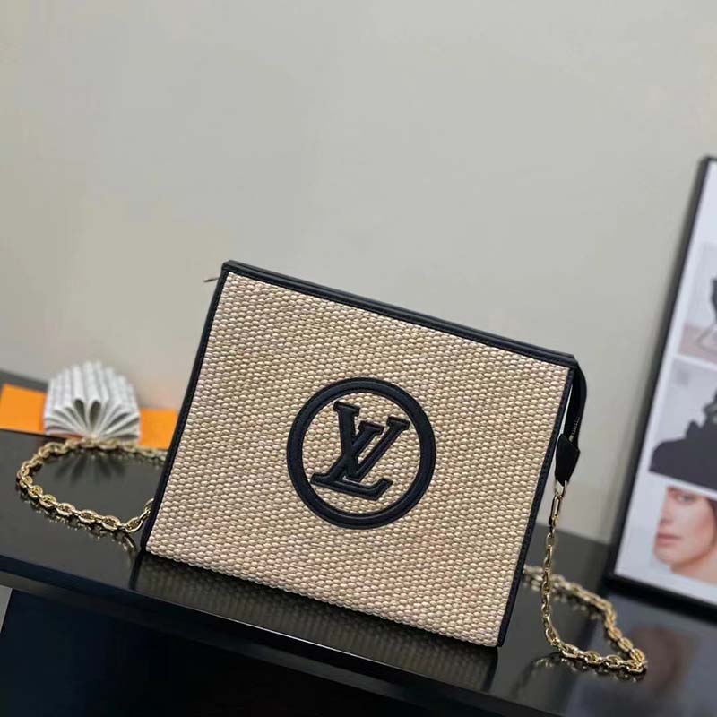 Louis Vuitton Women Toiletry Pouch On Chain Natural Black Raffia Cowhide Leather