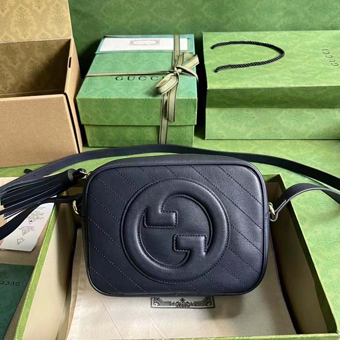 Gucci Women GG Blondie Small Shoulder Bag Blue Navy Leather Round Interlocking G