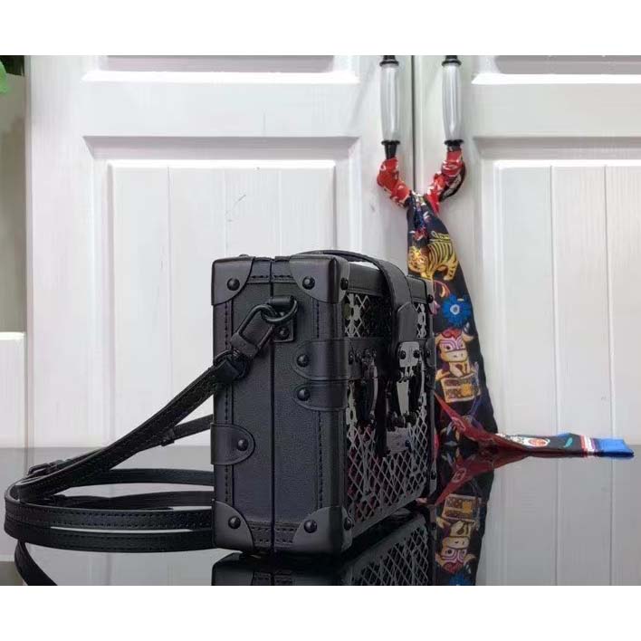 Louis Vuitton LV Women Petite Malle Handbag Black Patent Calfskin Cowhide Leather