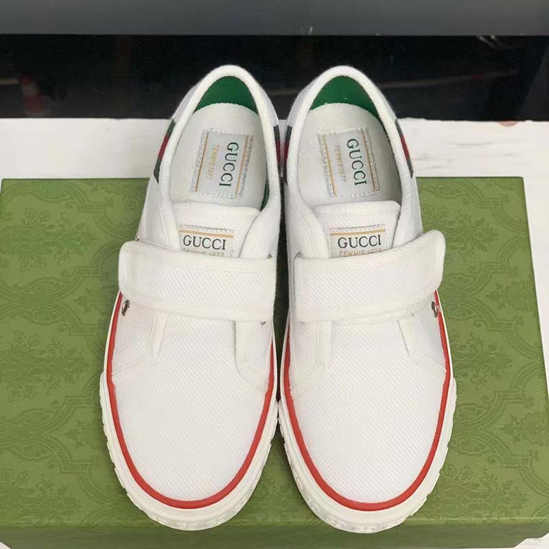 Gucci Unisex GG Tennis 1977 Sneaker White Leather Rubber Sole Velcro Closure Flat