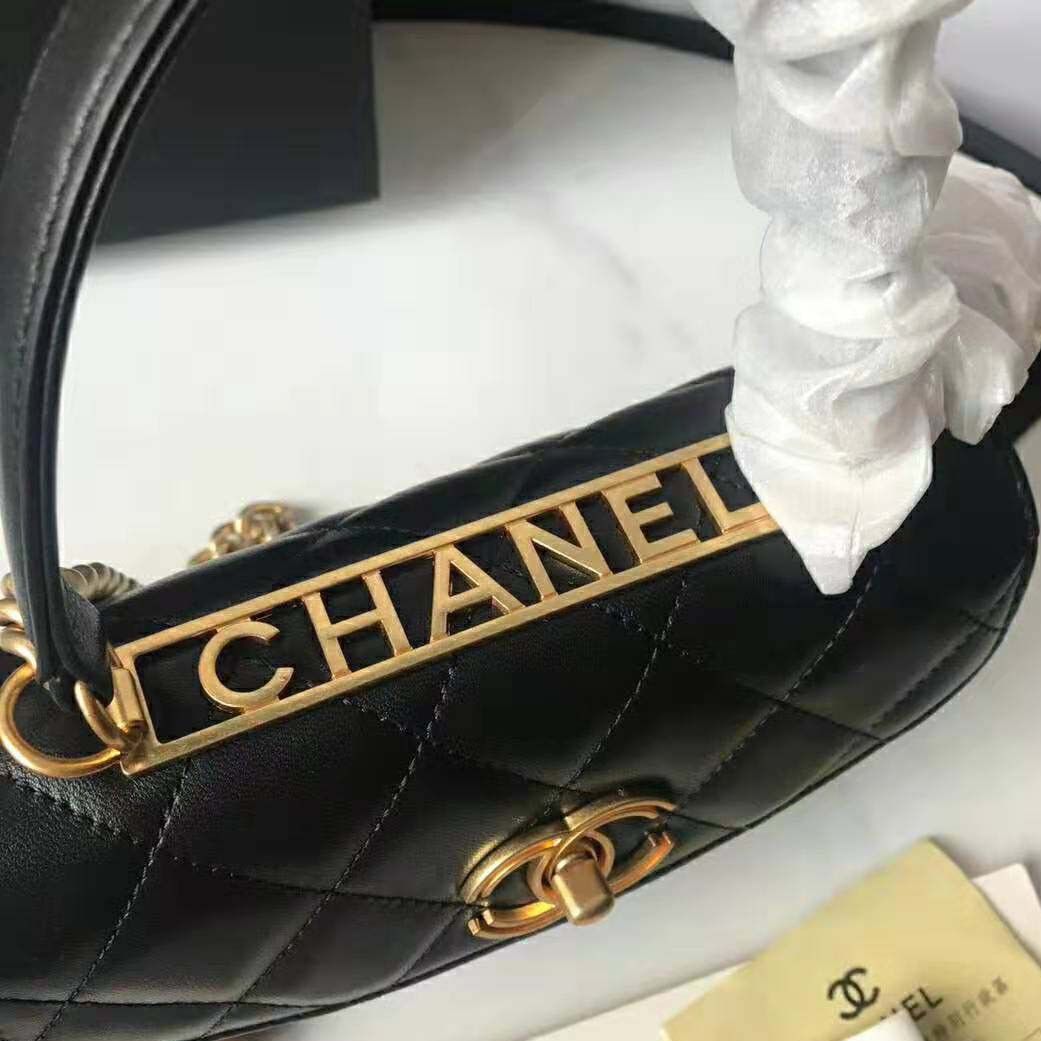 Chanel Women Flap Bag with Top Handle in Lambskin Leather-Black