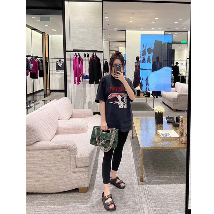 Chanel Women CC Large Flap Bag Top Handle Wool Silk Tweed Glass Wooden Pearls