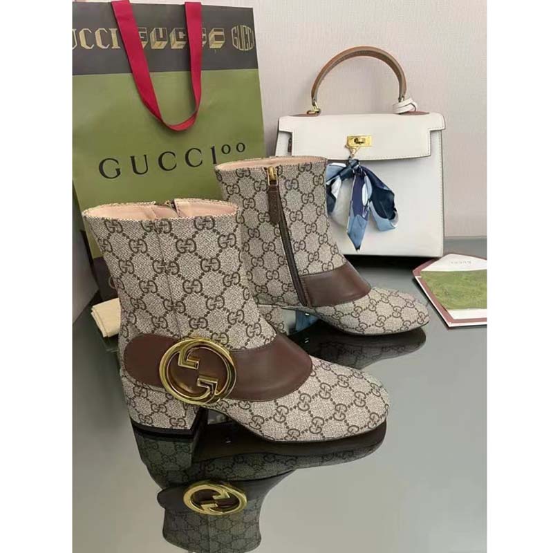 Gucci Blondie Women’s Ankle Boot Beige Ebony GG Supreme Canvas Low 5 Cm Heel