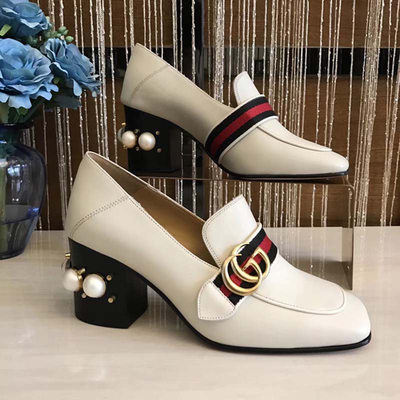 Gucci Women Leather Mid-Heel Loafer 3″ Heel-White