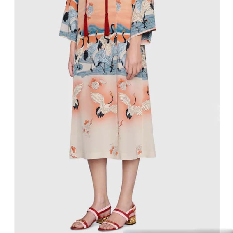 Gucci GG Women Sandal with Chain-Shaped Heel Hibscus Red Leather with Pastel Pink