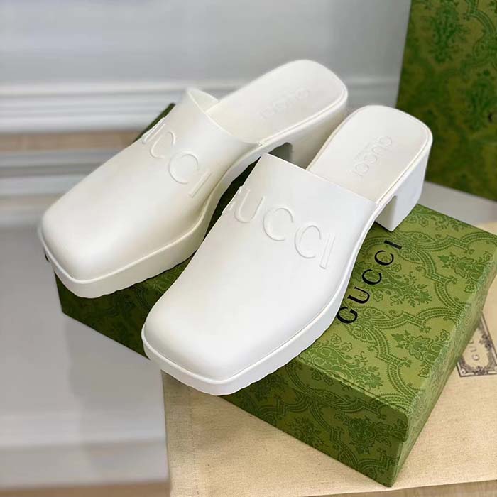 Gucci Women GG Slip-On Sandal White Rubber Embossed Logo Square Toe Chevron