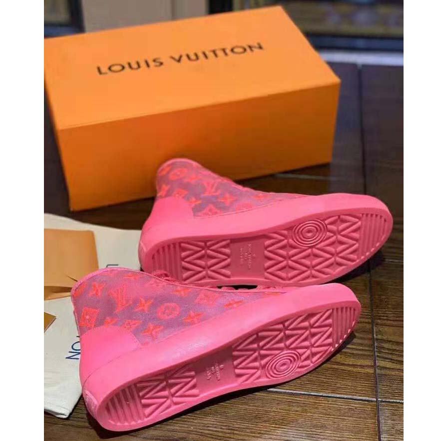 Louis Vuitton LV Unisex Tattoo Sneaker Boot in Damier Tartan Canvas with Monogram Embroidery-Pink