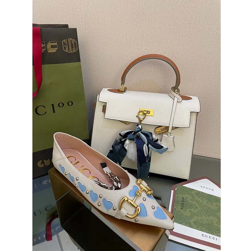 Gucci Women GG Lovelight Crystal Ballet Flat Horsebit White Leather Crystals
