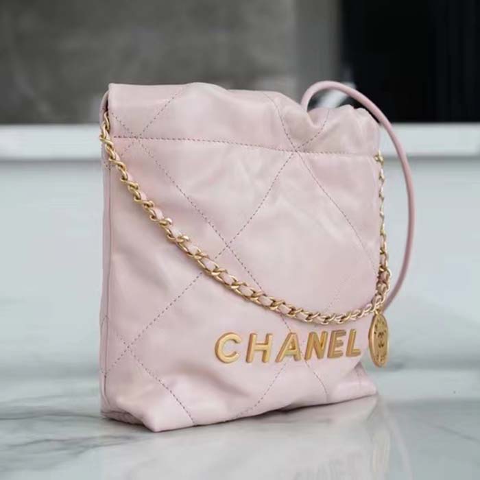 Chanel Women CC 22 Mini Handbag Shiny Calfskin Gold-Tone Metal Light Pink