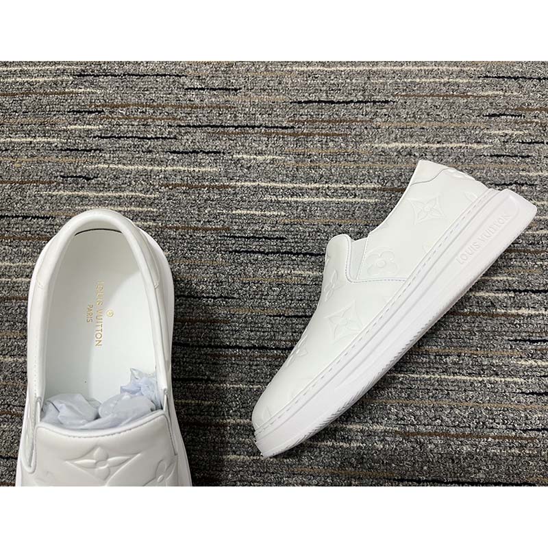 Louis Vuitton LV Unisex Beverly Hills Slip-On Sneaker White Monogram Embossed Calf Leather