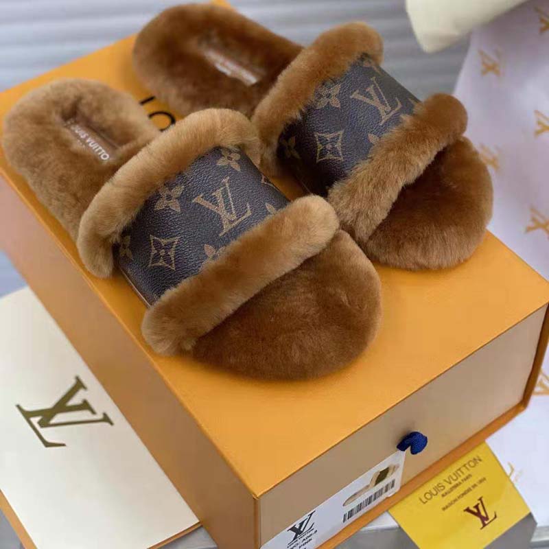 Louis Vuitton Women Lock It Flat Mule Mink Fur Patent Monogram Canvas