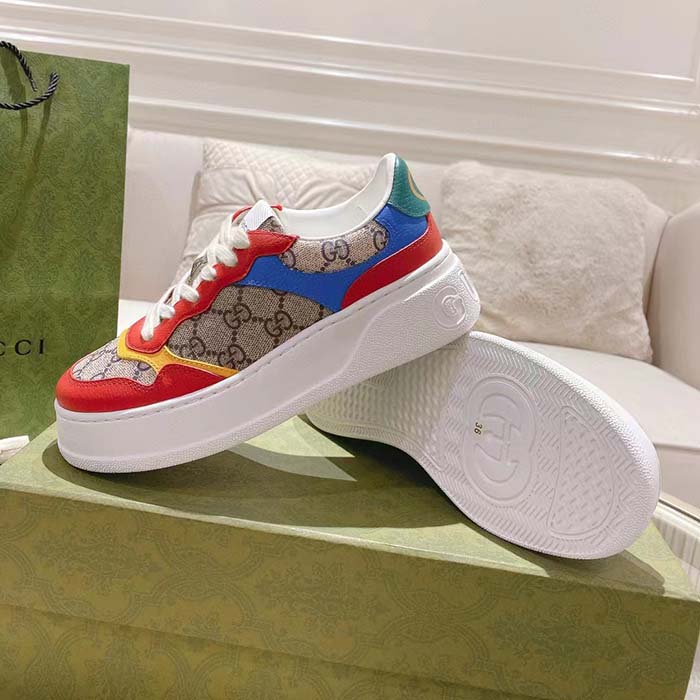 Gucci Unisex Sneaker Beige Blue GG Supreme Canvas Interlocking G 5.6 Cm Heel
