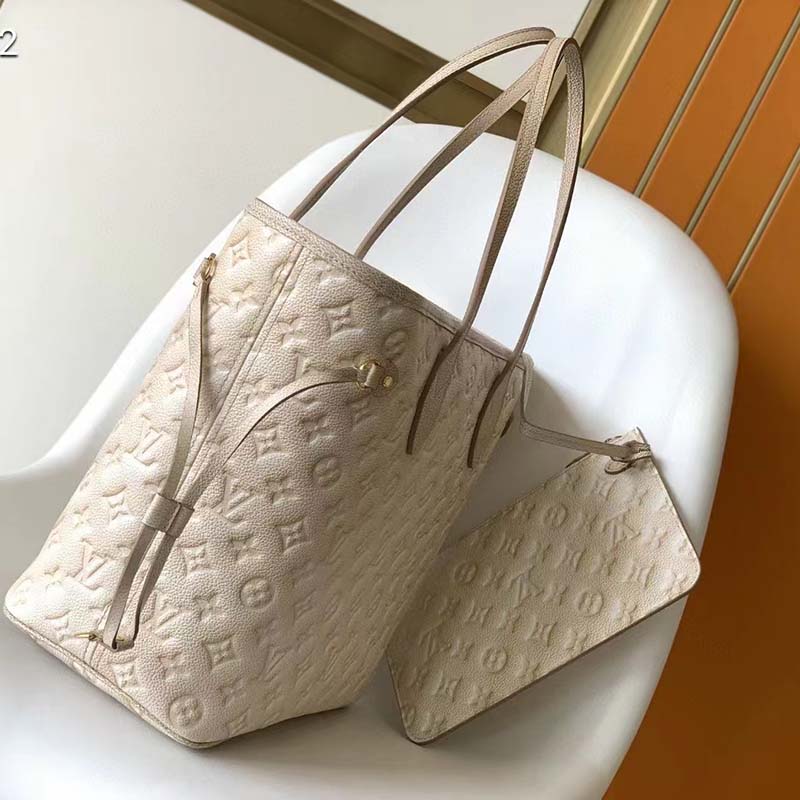 Louis Vuitton Women LV Neverfull MM Carryall Tote Beige Sprayed Embossed Grained Cowhide