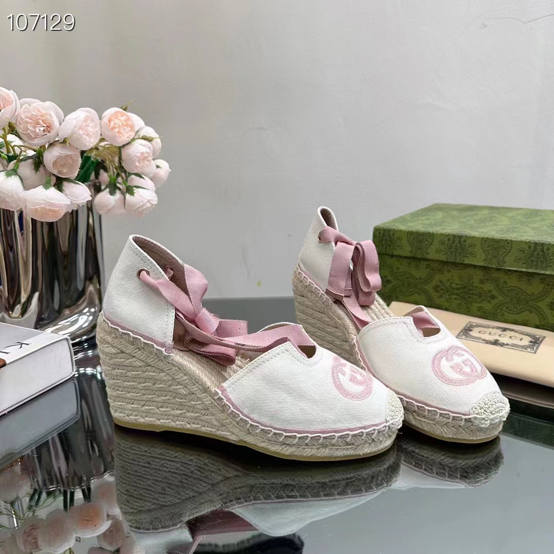 Gucci Women Espadrilles Ribbon Tie White Cotton Canvas Pink Interlocking G Embroidery